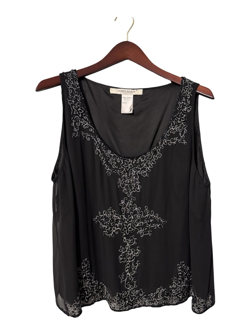 Marina Rinaldi 100% Silk Beaded Tank Top Black Floral Embroidered Size 29 US 18